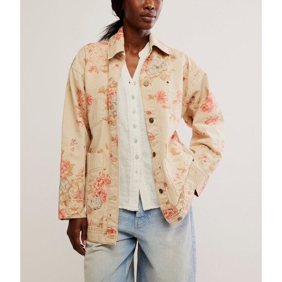 NWT:Free People Floral Jean Jacket - Cream and Pink Size XL - Picture 8 of 14